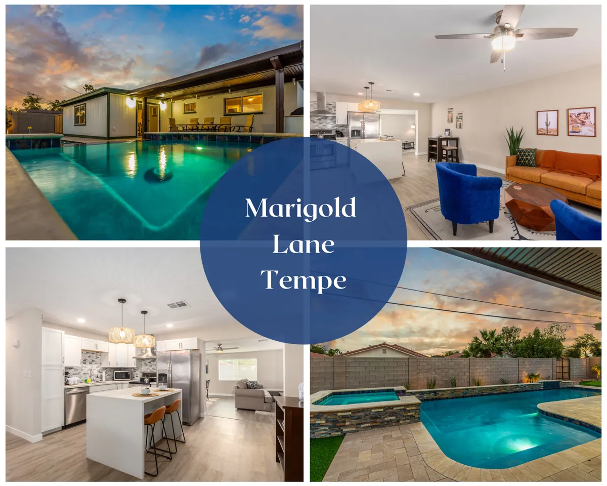 The image showcases the sun-kissed backyard of a modern single-family home in Tempe, Arizona, featuring a sparkling heated pool and spa as the centerpiece. The outdoor space is designed for relaxation and fun, with comfortable lounge seating, a glimpse into a stylish living area through large windows, and an inviting kitchen perfect for gathering. The scene captures the vibrant atmosphere of sunset, hinting at lively pool parties and cozy family evenings.